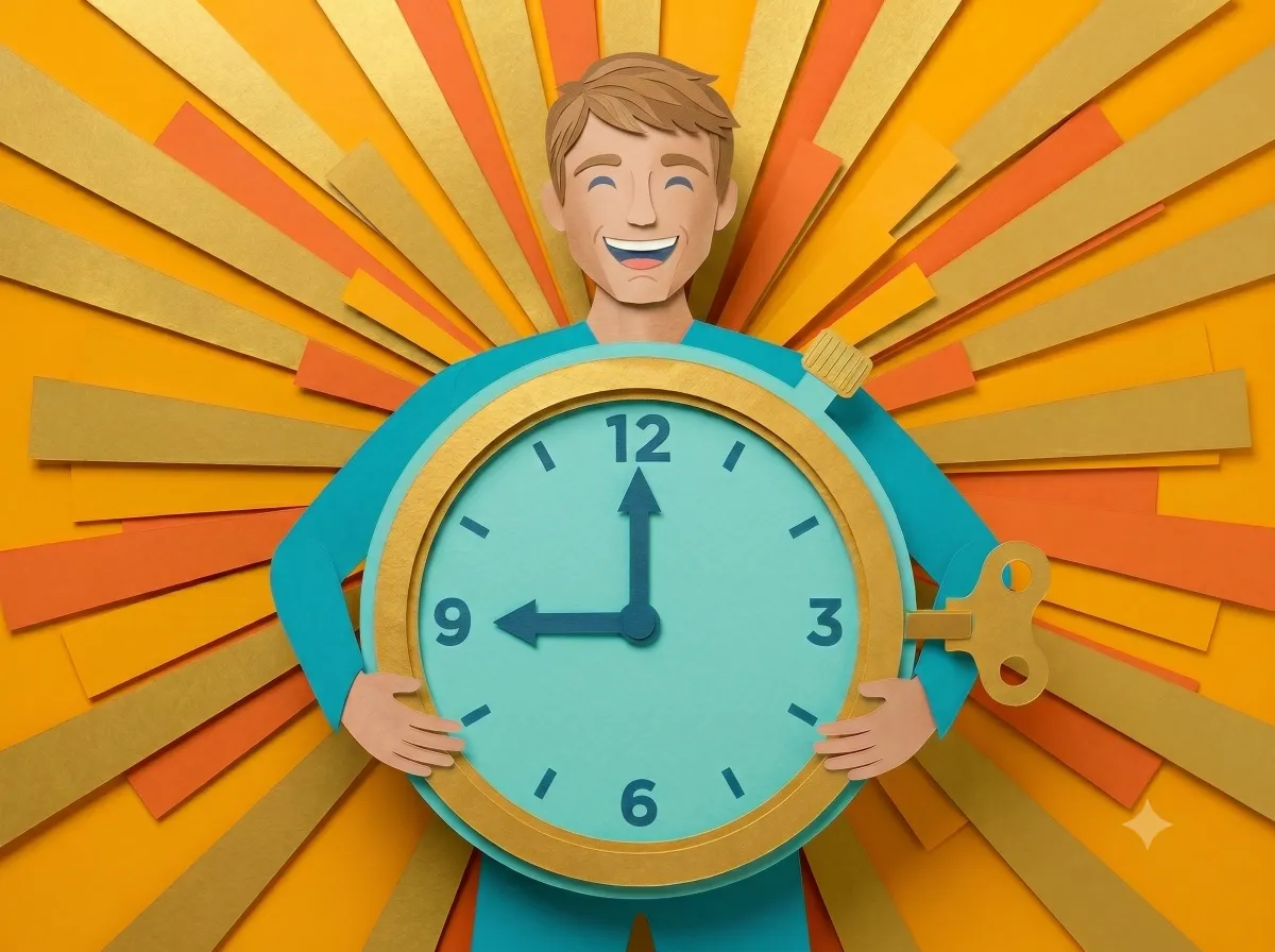 Happy an holding a stopwatch