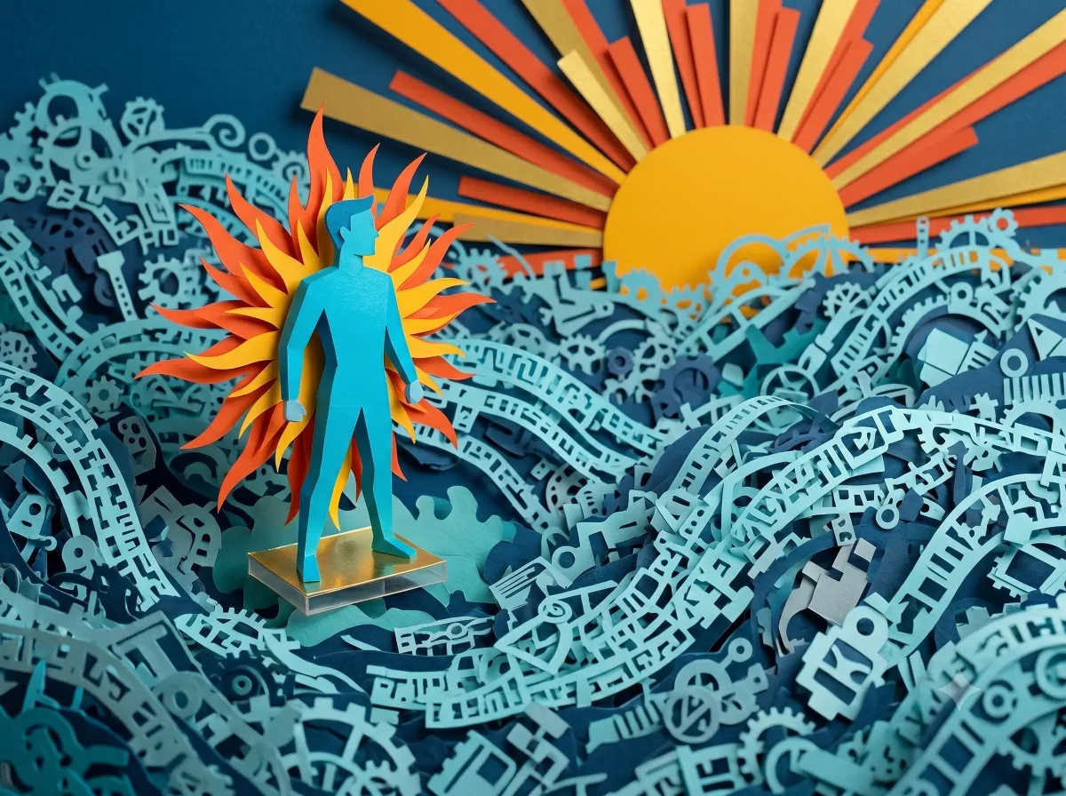 Man in an ocean of paper waste