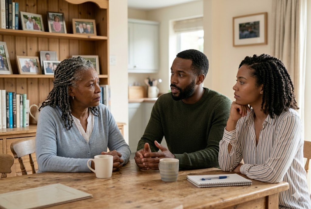 Black adult siblings at a kitchen table having serious discussion