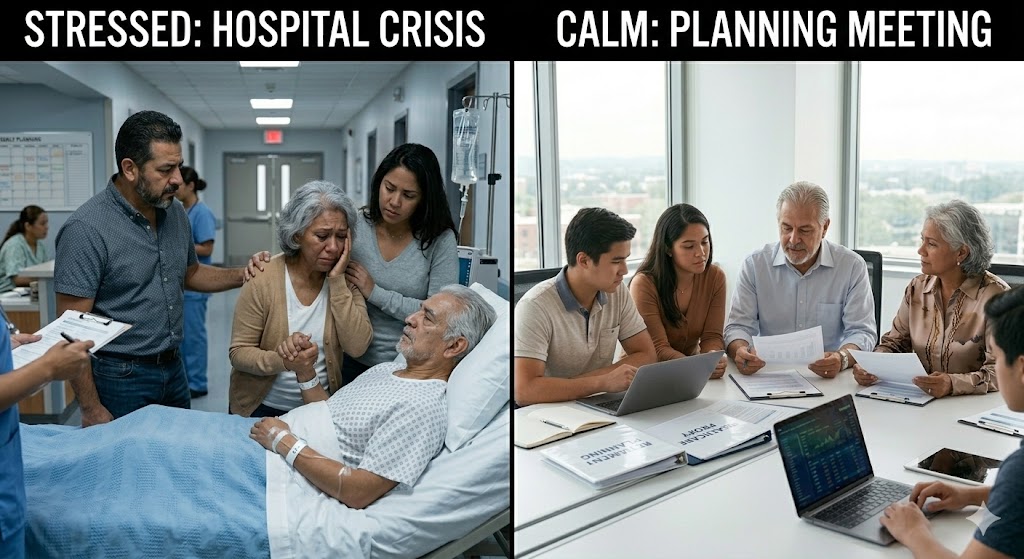 Split image showing stressed family in hospital crisis versus calm family in planning meeting