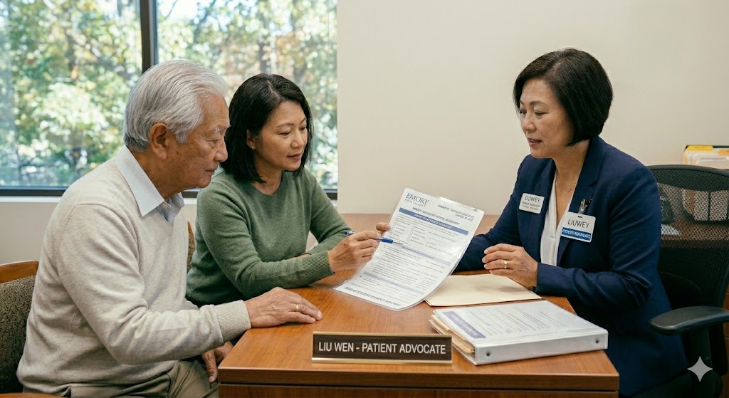 Family at table with Professional patient advocate reviewing documents with family members at kitchen table.jpg