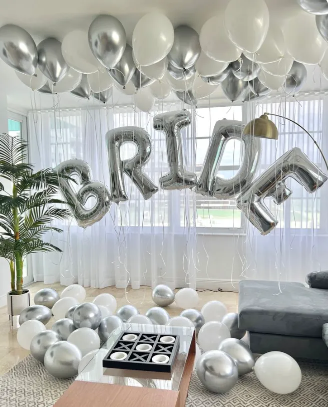 bride balloon with white and silver balloons