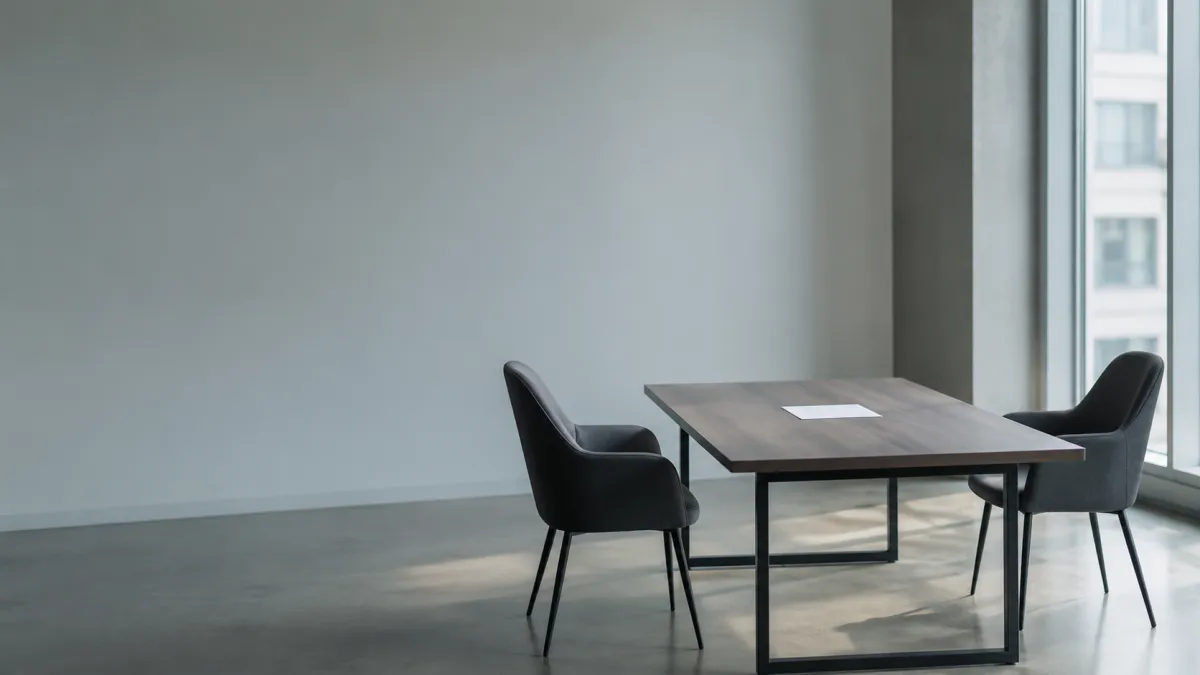 An empty meeting table with one document in the middle and a single chair on each side, in cool daylight.
