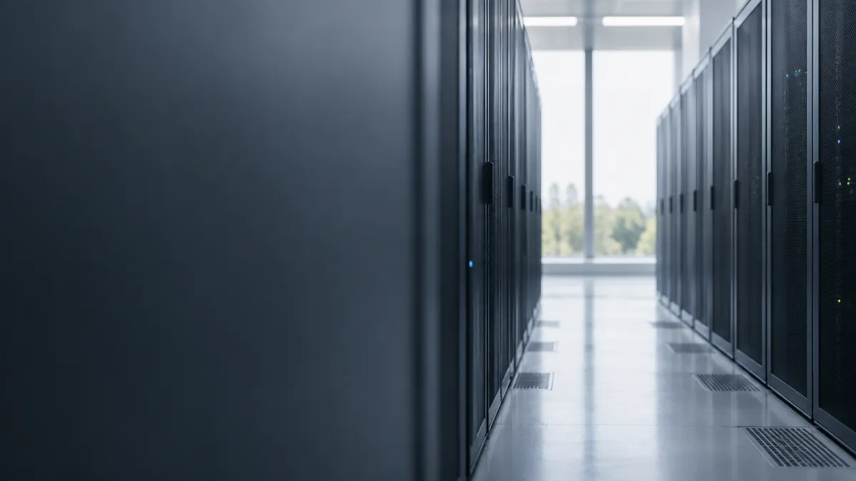 A corridor between two rows of closed server cabinets in cool daylight, with no people and no signage.