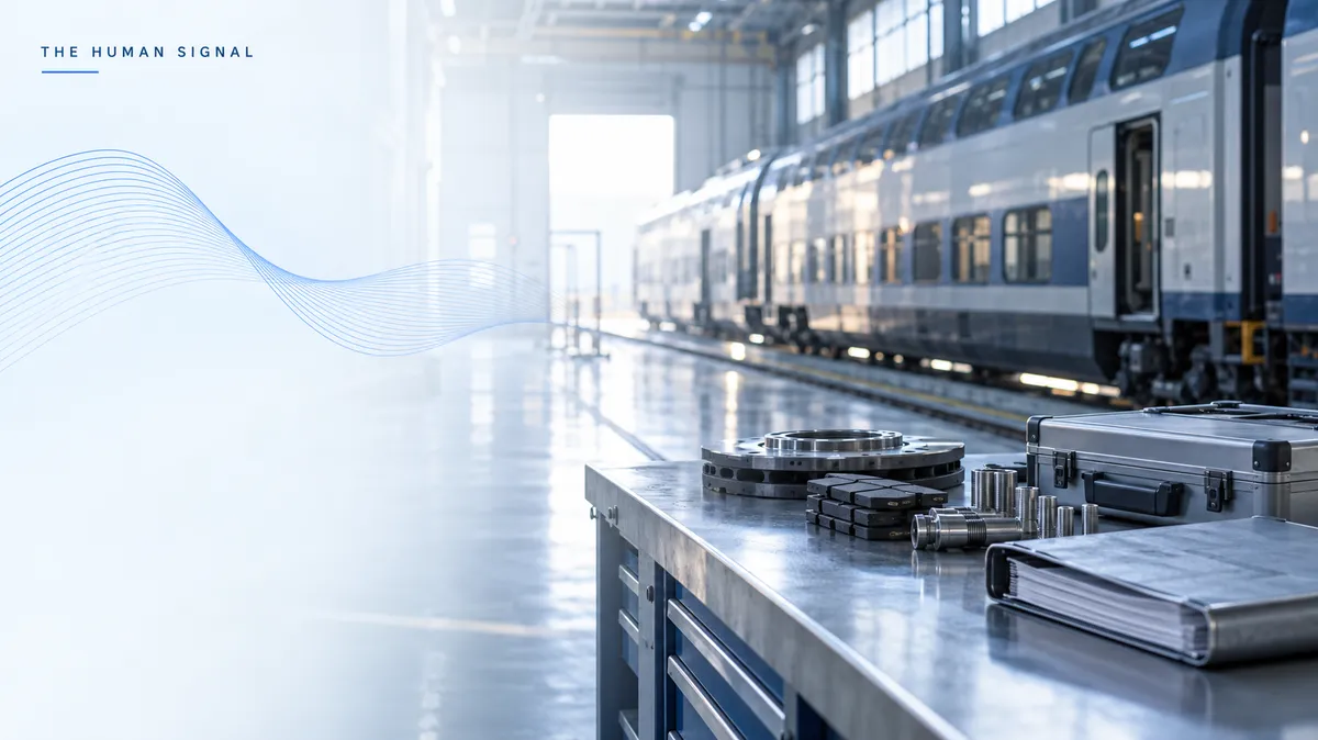 A railway maintenance hall in morning light. A double-deck train stands in the background, and spare parts, a tool case and a folded binder lie on a steel workbench in front.