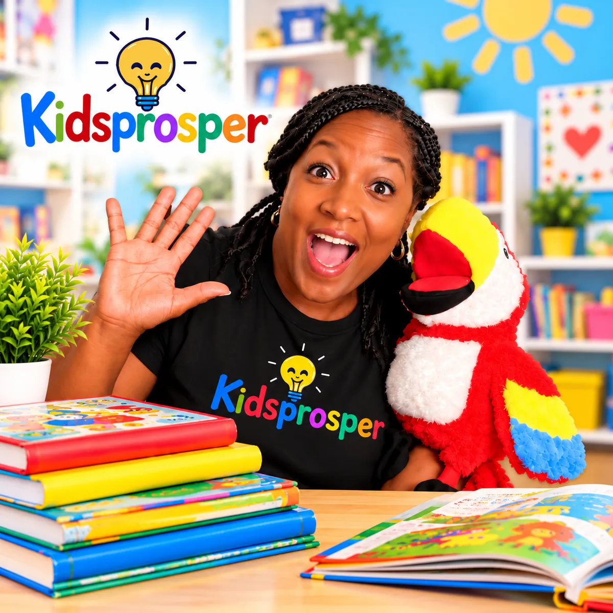 Miss Erika reading an illustrated storybook enthusiastically to children