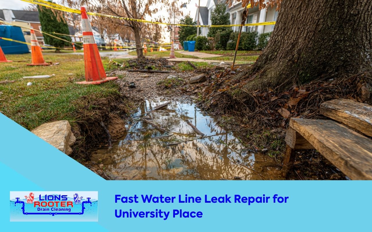 Water line leak repair for University Place showing wet yard signs near the main line
