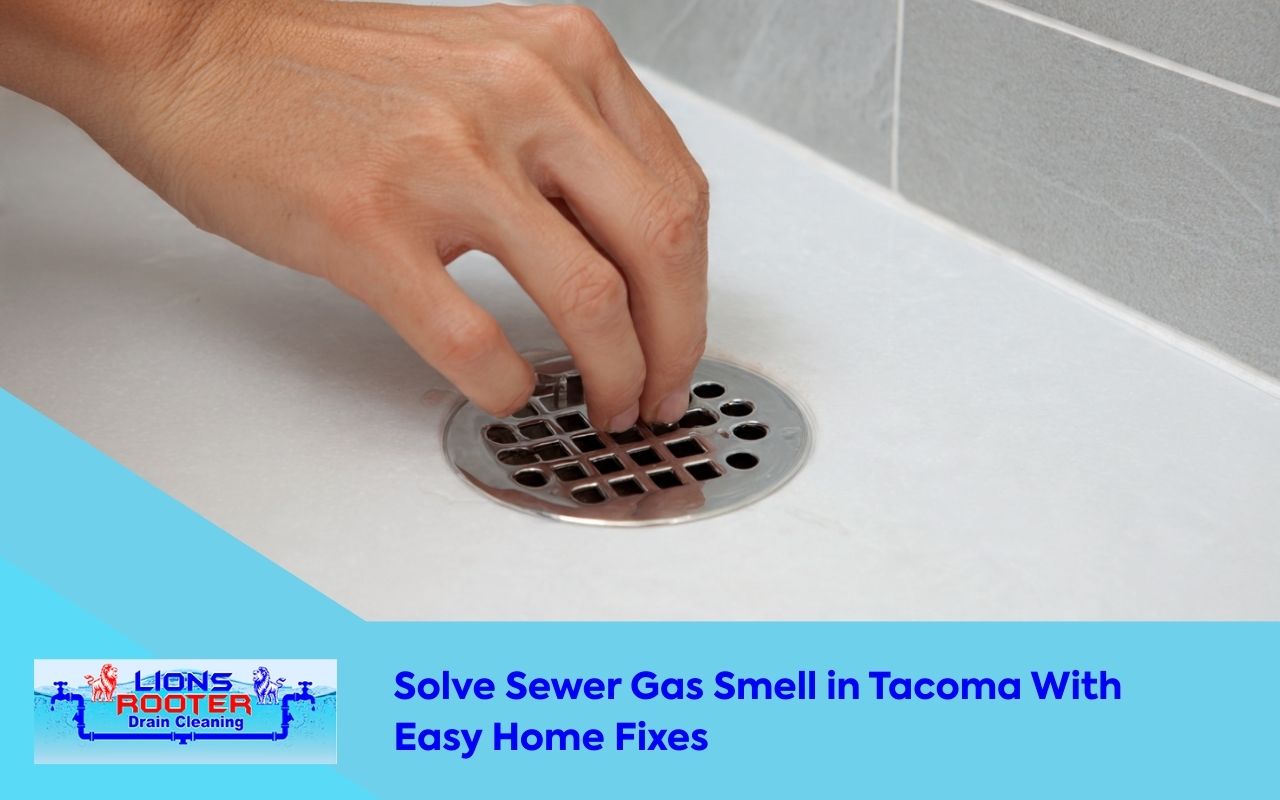Homeowner checking a bathroom drain for sewer gas smell in Tacoma
