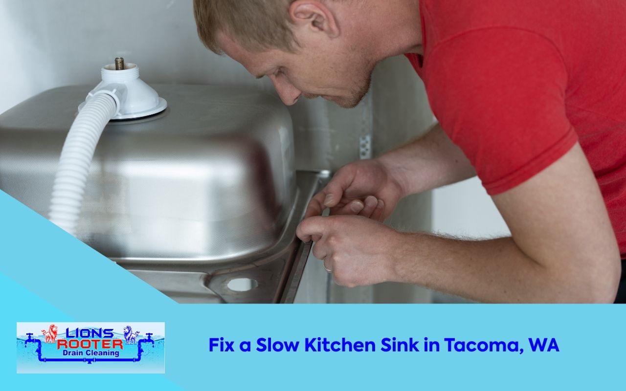 Homeowner trying a DIY fix for a slow kitchen sink in Tacoma, WA
