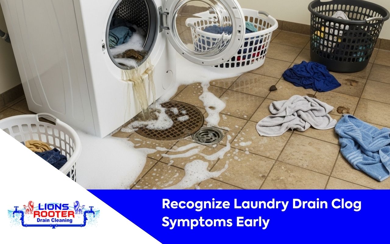 Laundry drain clog symptoms causing washer backup in a laundry room