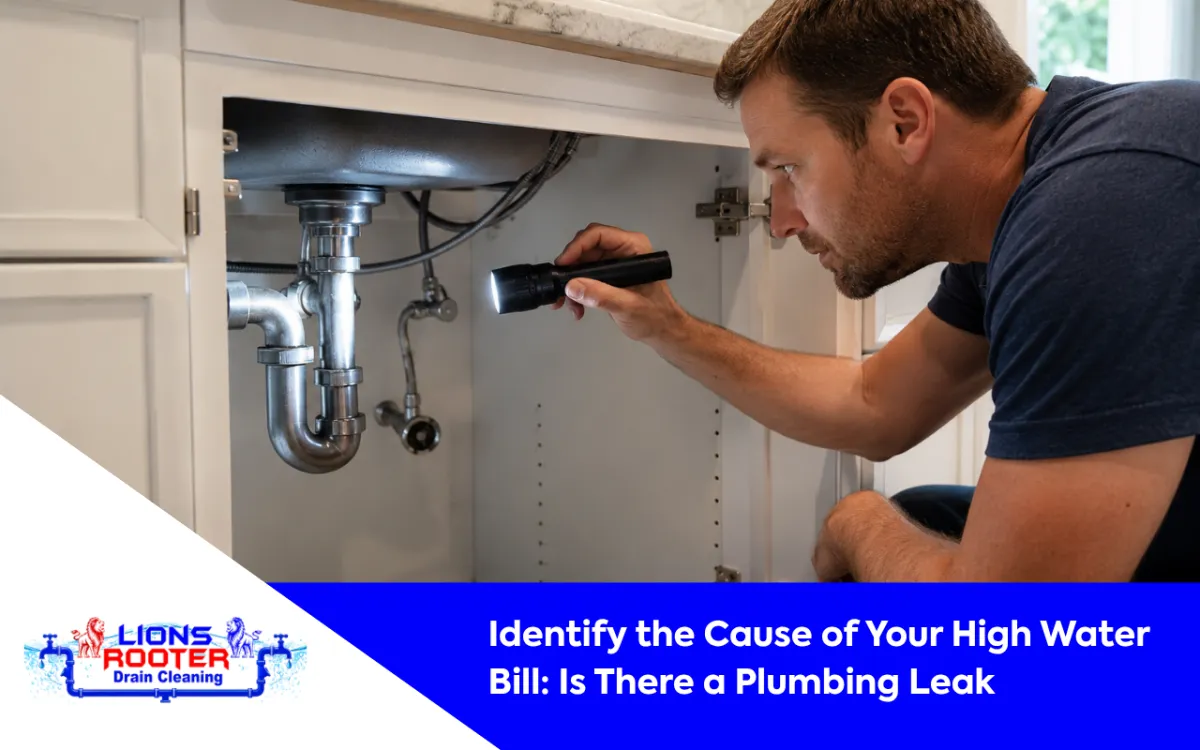 Homeowner checking for a high water bill plumbing leak near a sink