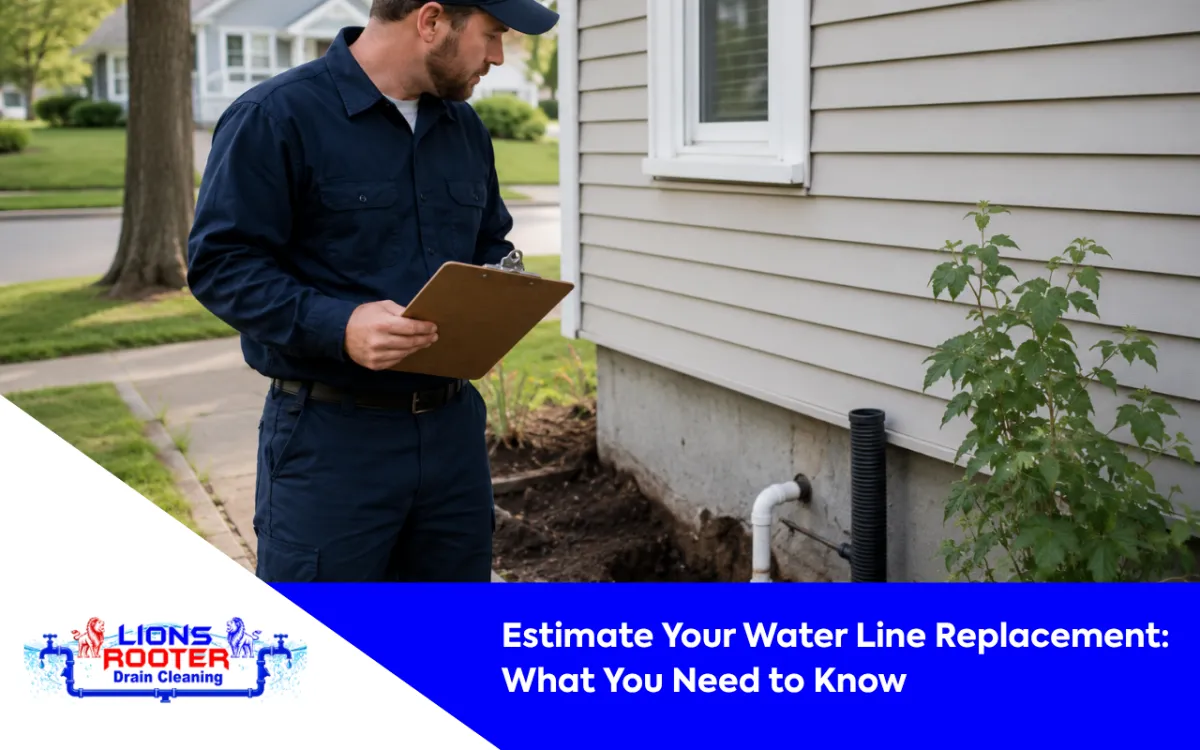 Contractor reviewing water line replacement estimate factors at a property