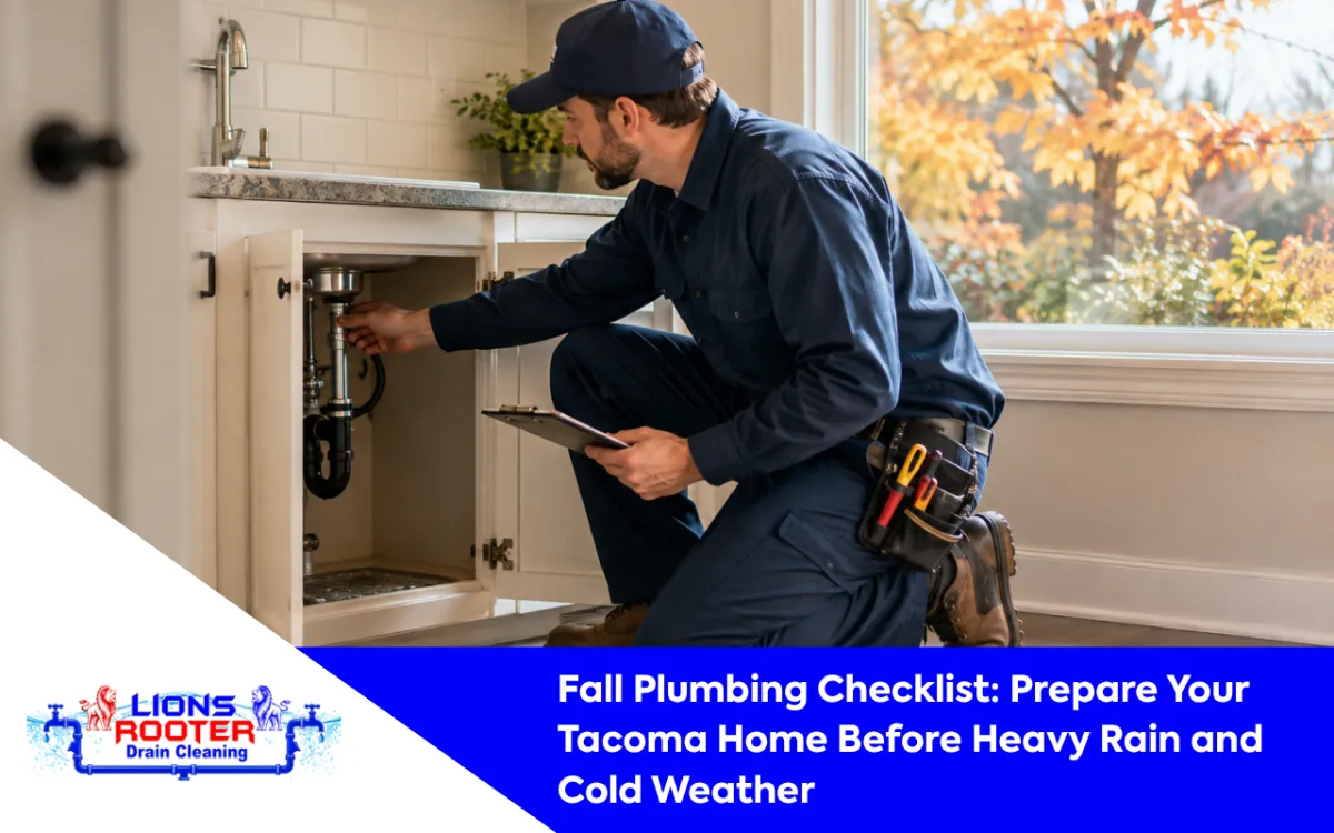Homeowner checking plumbing fixtures and drains as part of a fall maintenance routine