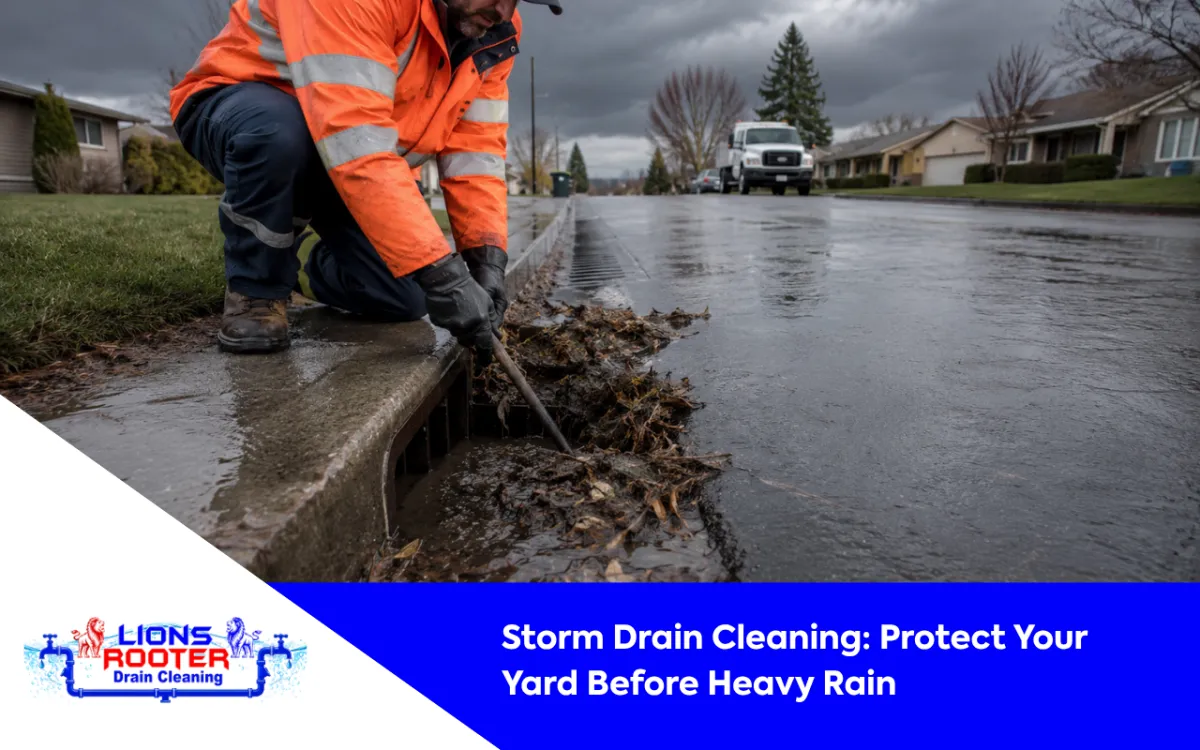 Outdoor storm drain being cleaned before heavy rain