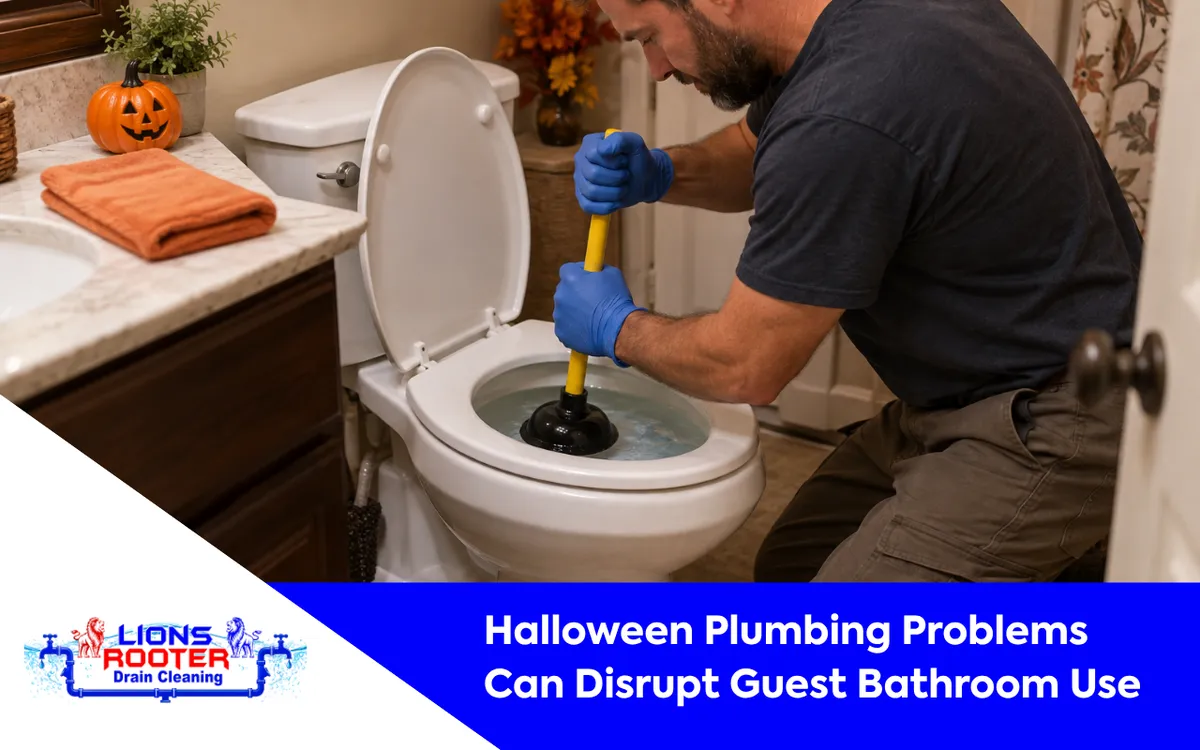 Halloween plumbing problems affecting a guest bathroom during a home gathering