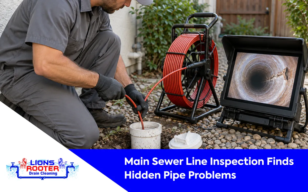 Main sewer line inspection using a camera to locate hidden pipe problems