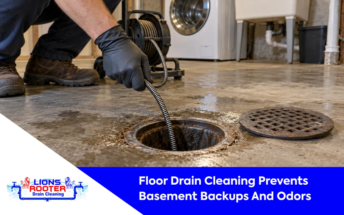 Floor drain cleaning in a residential basement or utility room