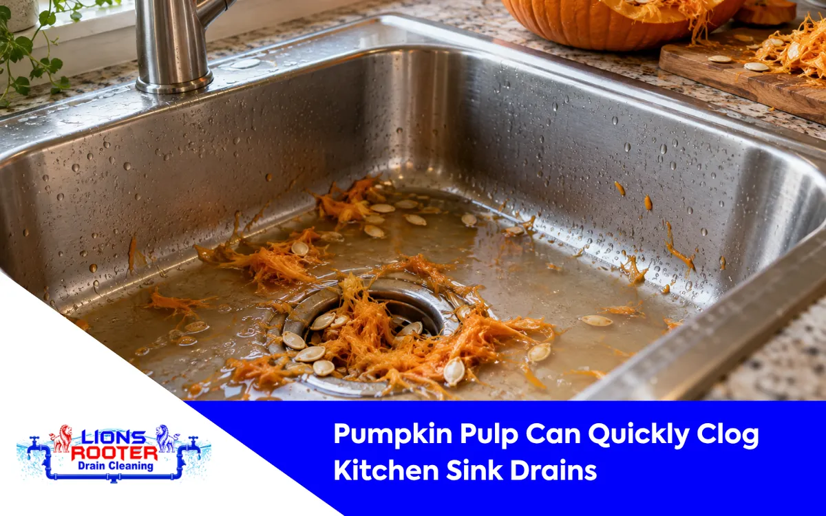 Pumpkin pulp drain clogs caused by fibrous food waste in a kitchen sink