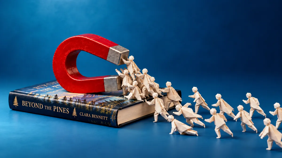 A red horseshoe magnet rests on a hardback book, attracting tiny origami readers across a teal-blue surface.