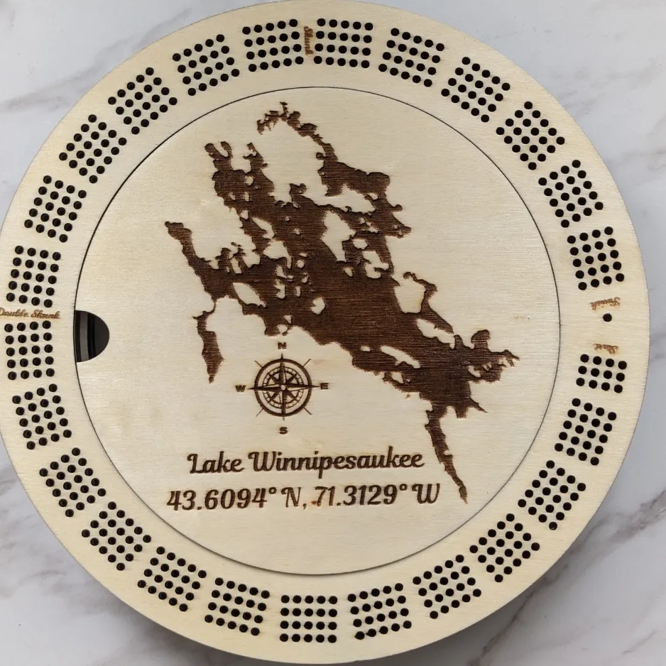 Custom engraved wooden Lake Winnipesaukee cribbage board