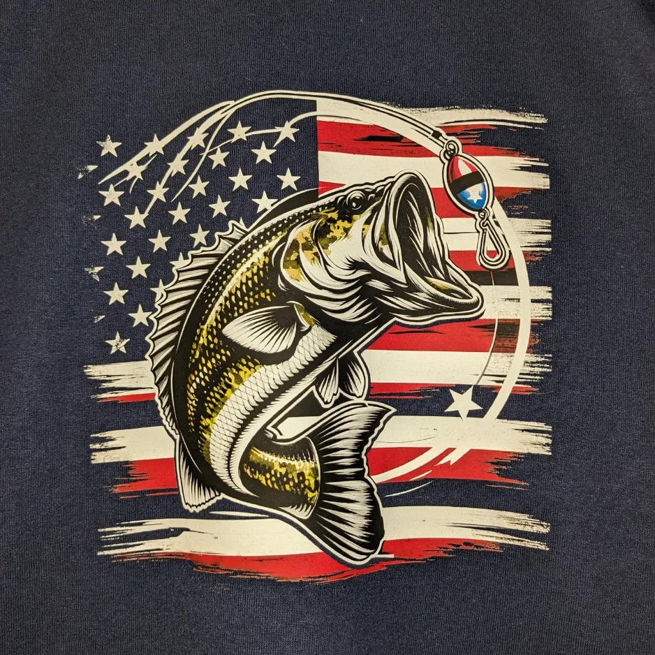 Custom t-shirt print featuring a bass fish and American flag graphic