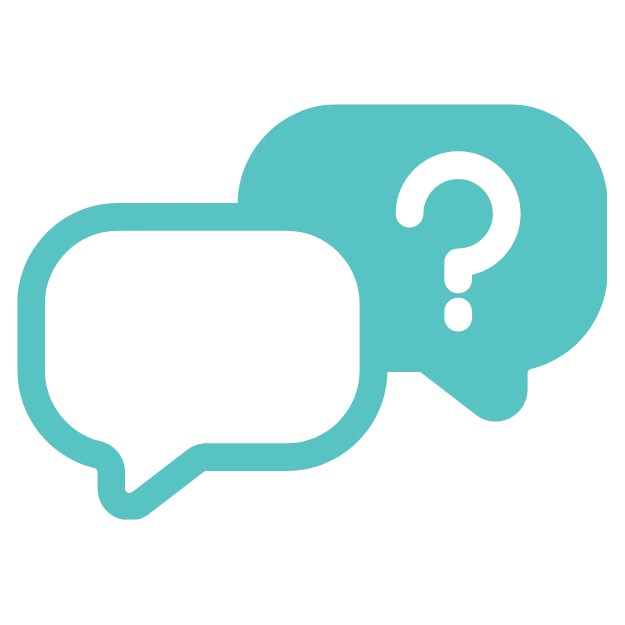 Two speech bubbles, one containing a question mark icon