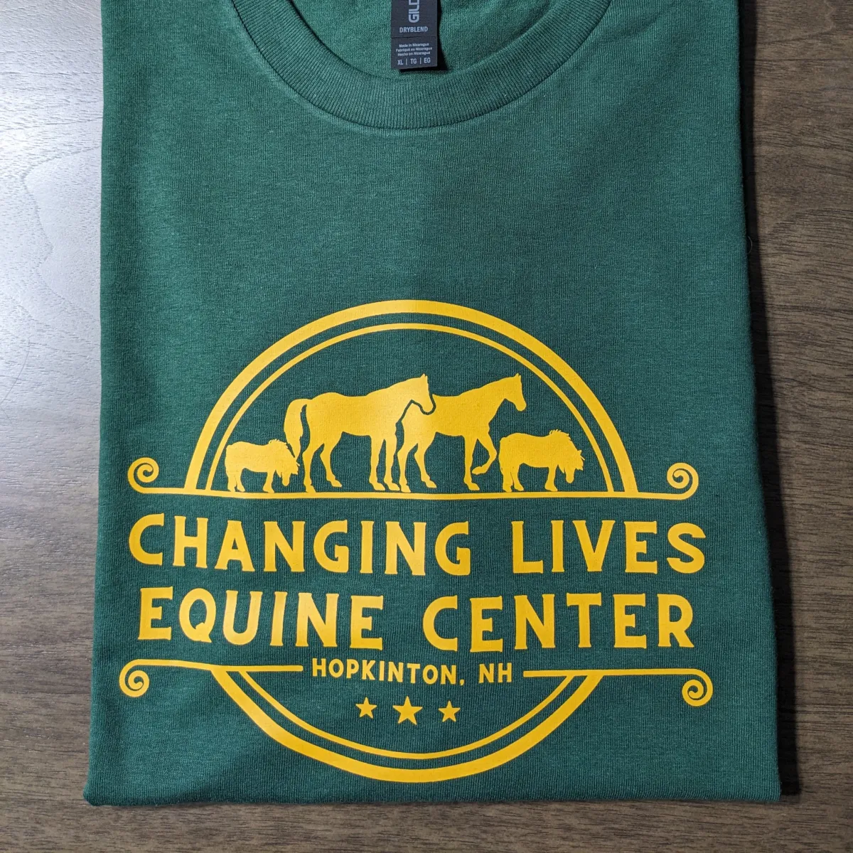 Custom embroidered dark green apparel featuring a golden-yellow 'Changing Lives Equine Center - Hopkinton, NH' logo with three horses