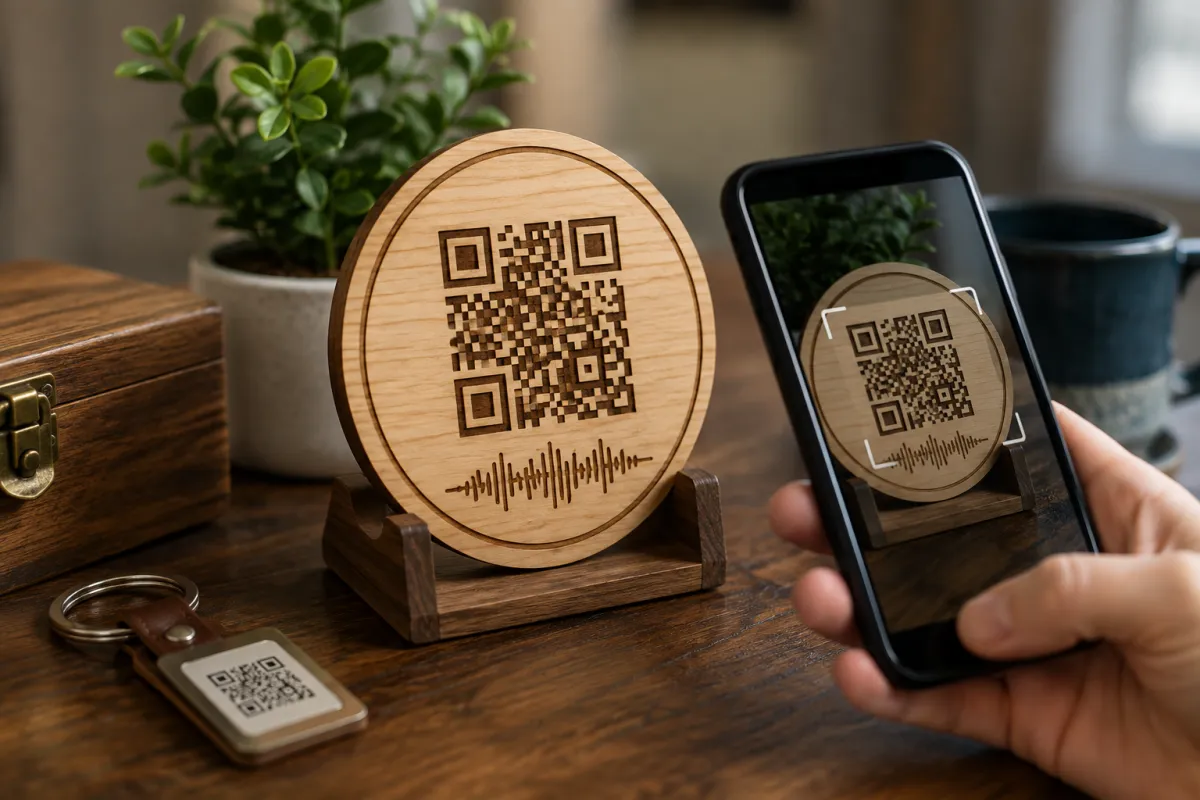 Smartphone scanning a Talking QR Code on a custom wooden plaque.