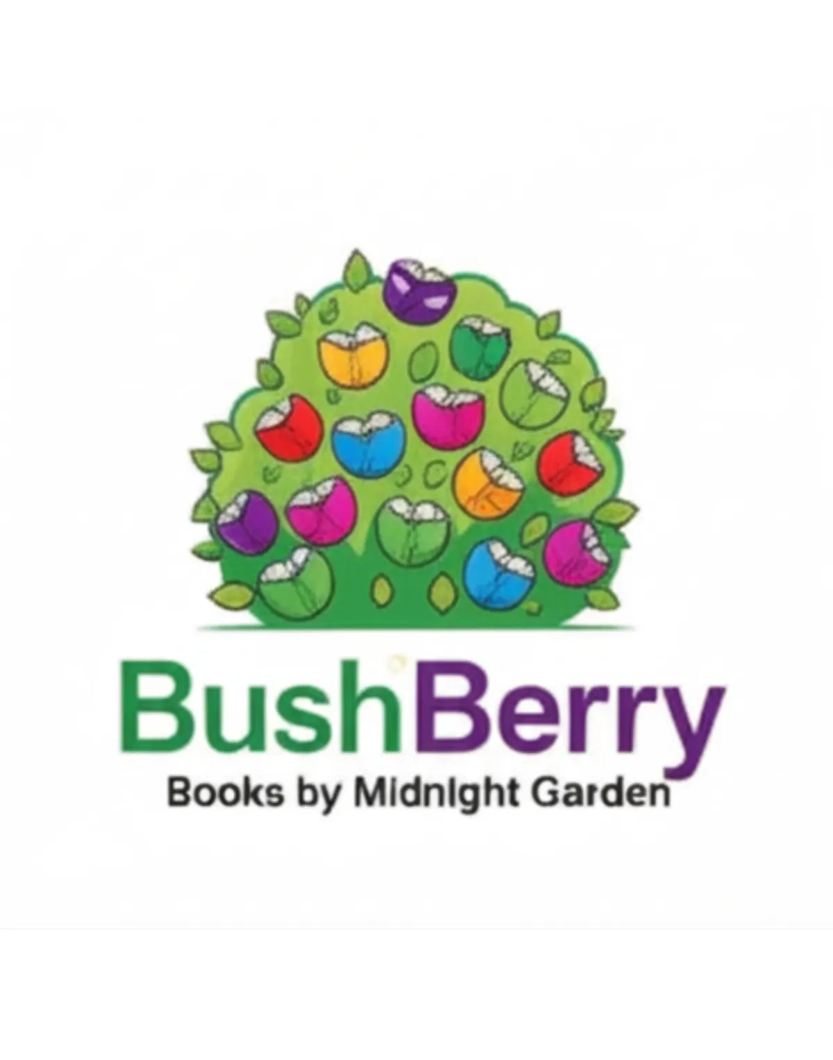 Bushberry Books logo. green shrub with multicolored books on it. 