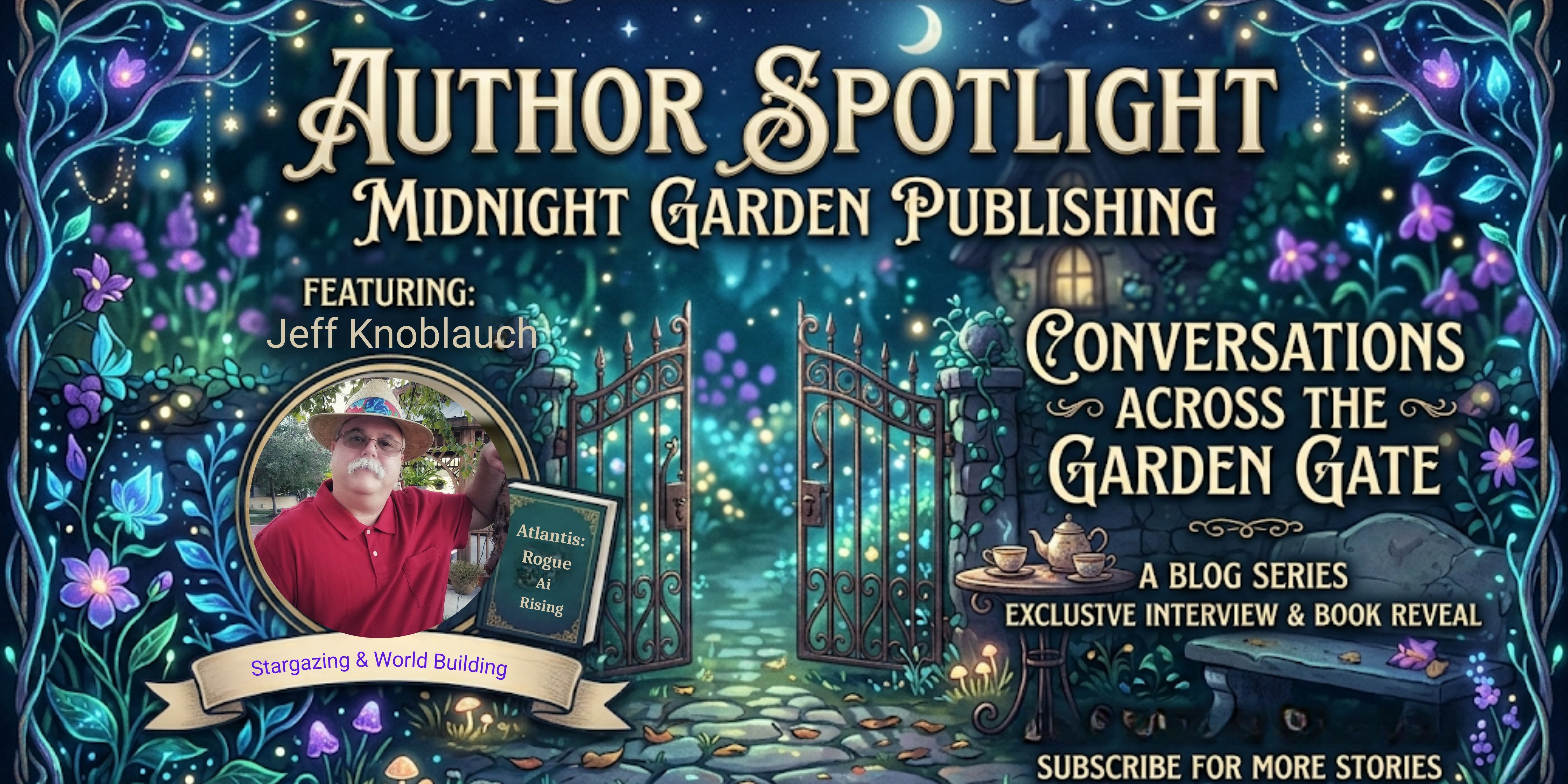 picture of garden gate graphics, author profile picture, and the words Author Spotlight, Conversations Across the Garden Gate Blog
