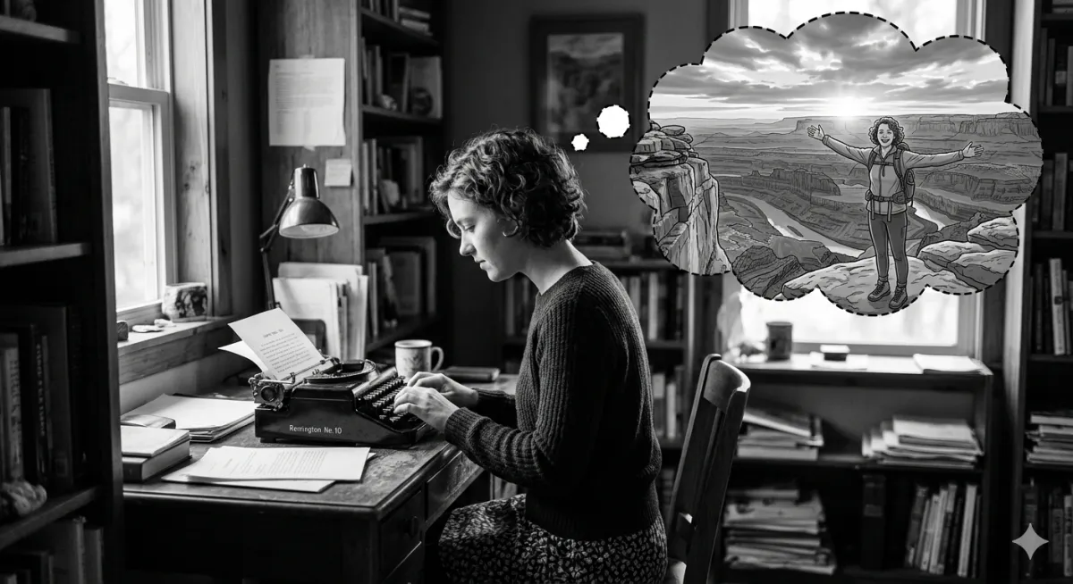 black and white picture depicts woman sitting in an office typing at a desk. The picture appears to be from 1930's