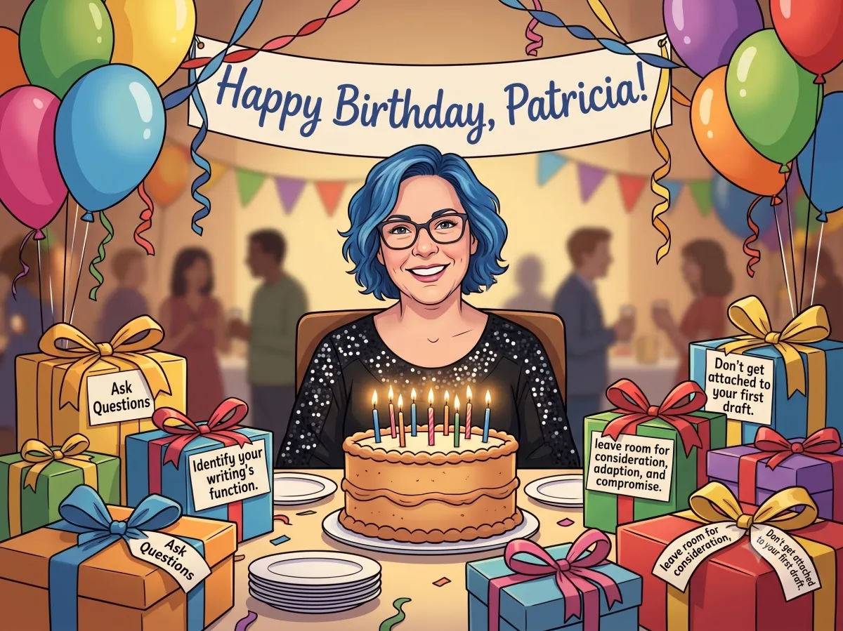Image shows a graphic of Patricia Hartman with blue hair sitting behind a table full of birthday presents with advice on the ribbons and a birthday cake. A banner behind her reads, "Happy Birthday, Patricia."