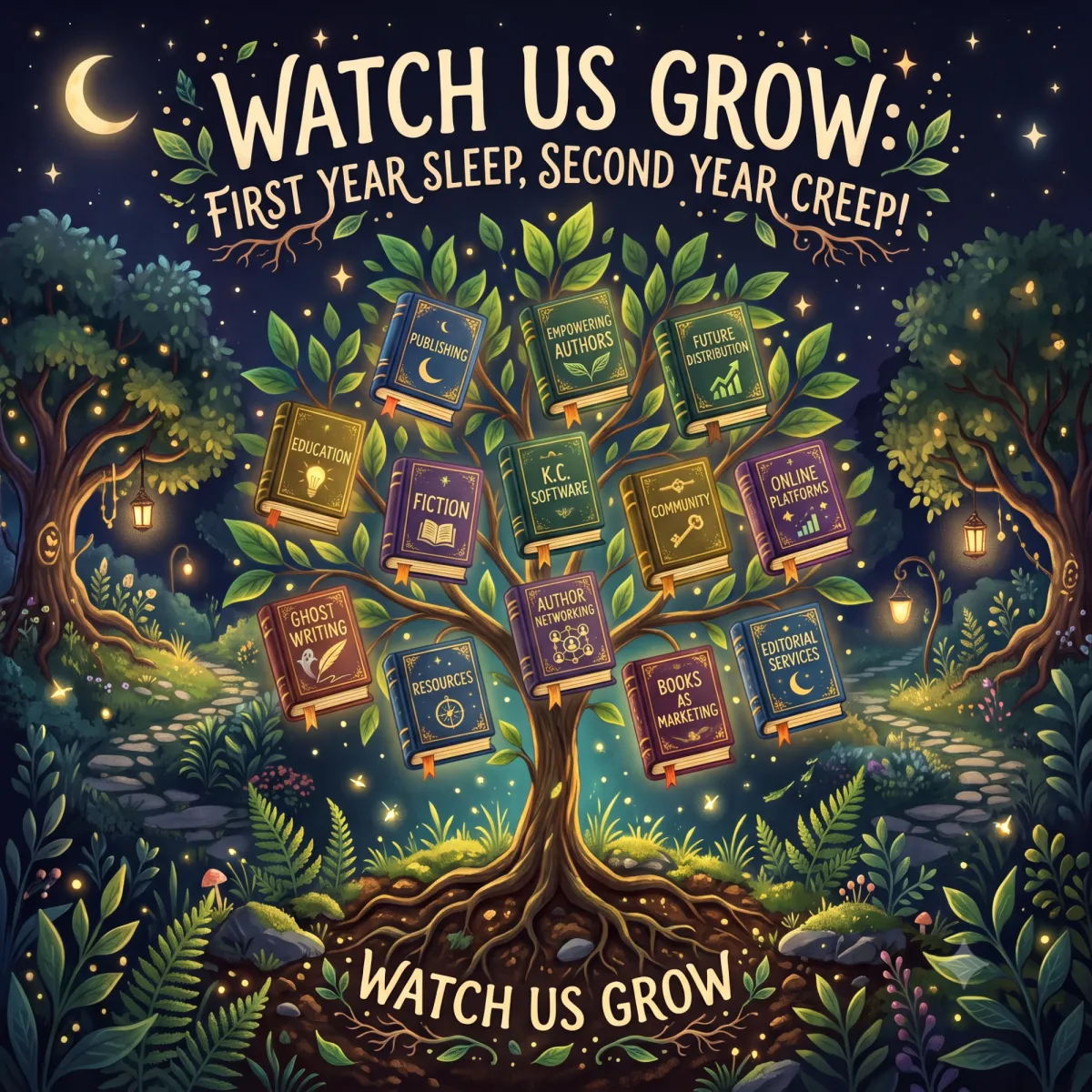picture shows a tree full of books in a midnight garden with twinkly lights with the headline saying "watch us Grow: First Year Sleep, Second Year Creep!"