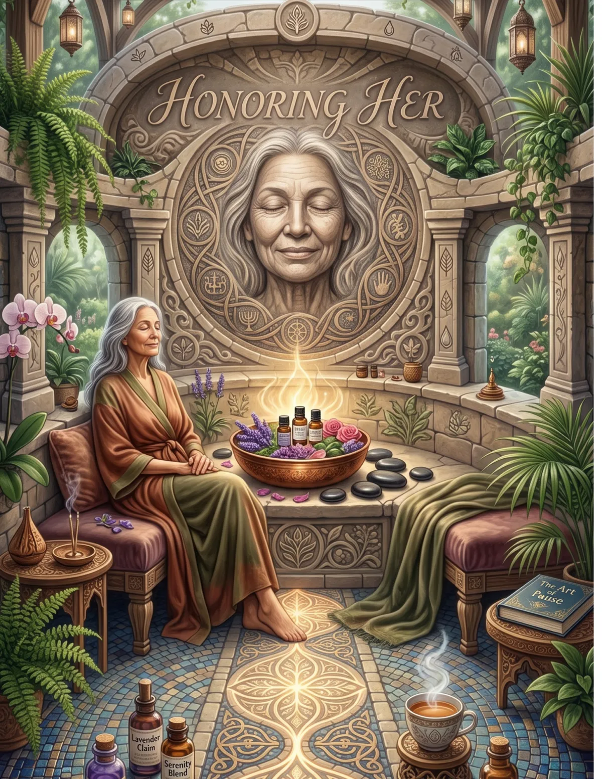 graphic shows a woman performing self-care in a green floral room. a placard above the picture says "Honoring Her" 