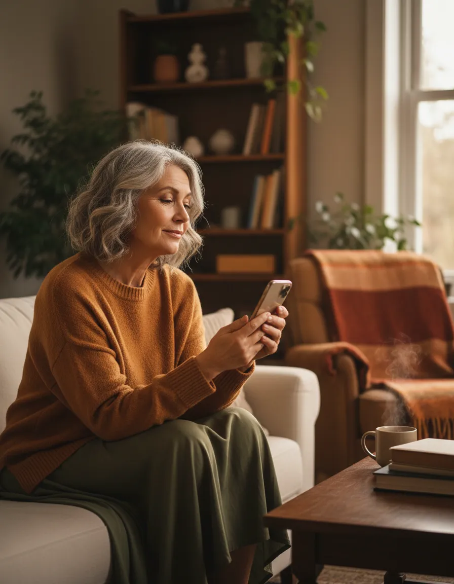 Woman looking at phone on couch
