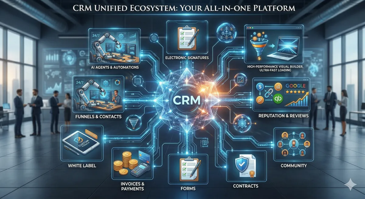 Modern professional workspace showing CRM dashboard