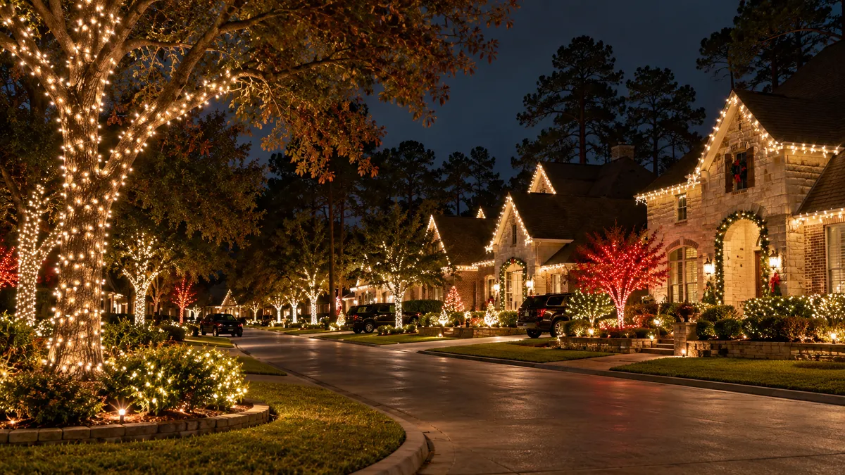 Suburban street at night with trees and brick homes wrapped in warm white and red Christmas lights