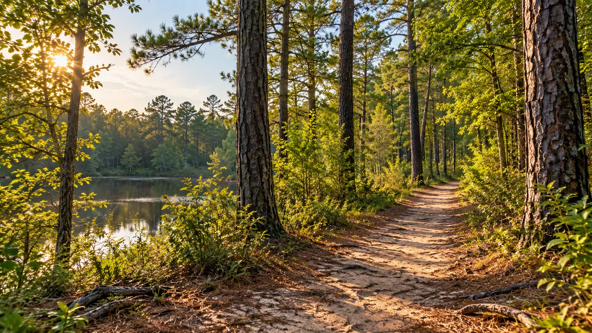 Sunlit dirt trail through a pine forest beside a lake, one of the hiking trails near Conroe TX