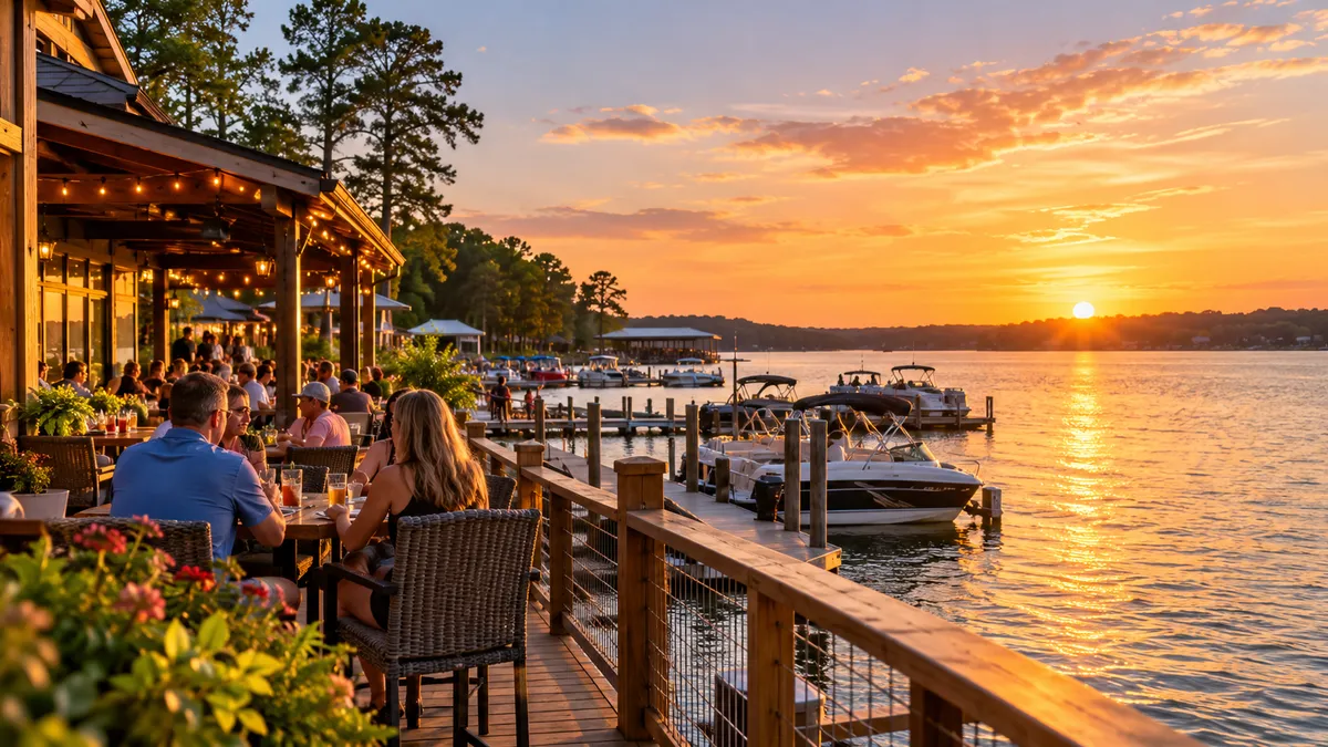 Diners on a lakeside restaurant deck at sunset with boats docked along the water
