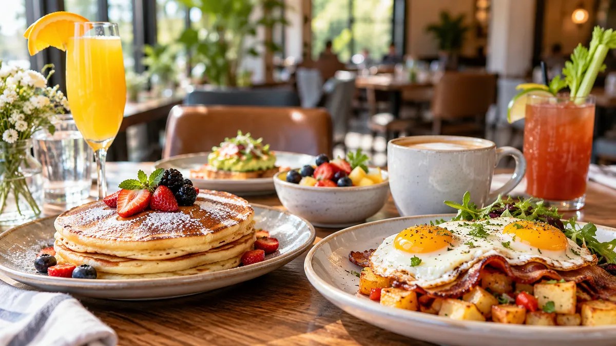 Brunch table with pancakes and berries, eggs with bacon and potatoes, a mimosa, coffee and a bloody mary