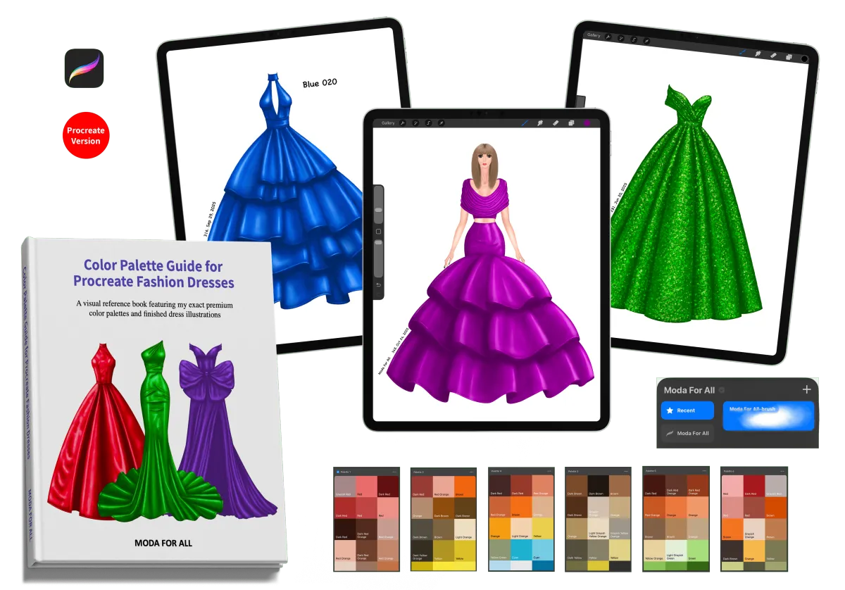 Learn Procreate fashion illustration using Moda For All shading brush & Premium Color Palettes