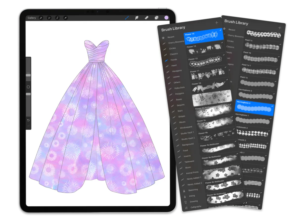 Save massive amounts of time with Procreate Instant pattern brushes for fashion illustration