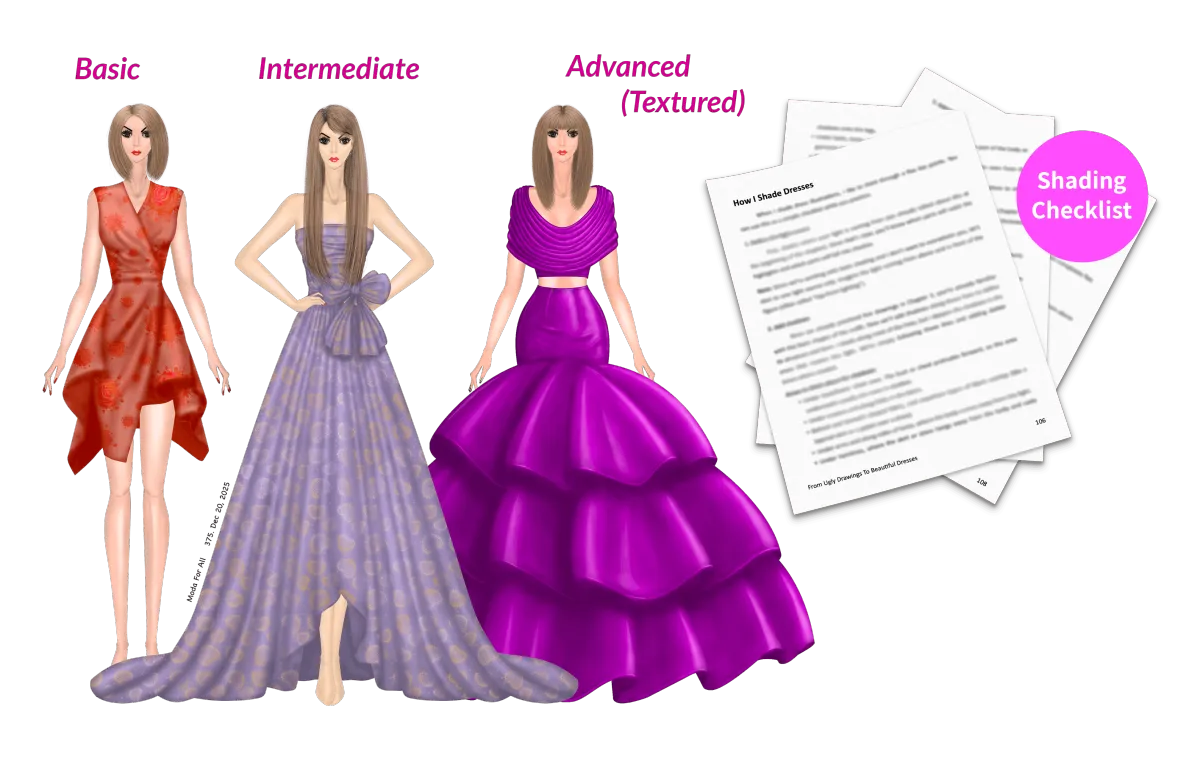 Get my shading checklist that I use every time I draw dress illustrations.