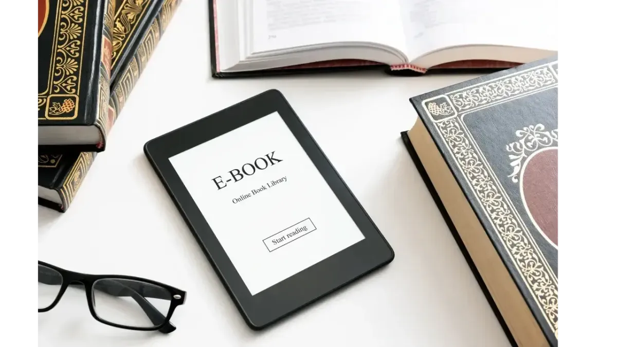 Image of a reading tablet on a desk with some books