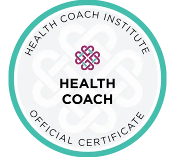 A circular certification badge from the Health Coach Institute. The badge has a white background with a teal border. At the center, there is an interwoven symbol in pink and purple, above the bold black text 'HEALTH COACH.' Surrounding the center, the words 'HEALTH COACH INSTITUTE' and 'OFFICIAL CERTIFICATE' are written in uppercase black letters, indicating an official certification in health coaching.