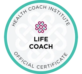 A circular certification badge from the Health Coach Institute. The badge has a white background with a teal border. At the center, there is an interwoven symbol in pink and purple, above the bold black text 'LIFE COACH.' Surrounding the center, the words 'HEALTH COACH INSTITUTE' and 'OFFICIAL CERTIFICATE' are written in uppercase black letters, signifying an official certification in life coaching.
