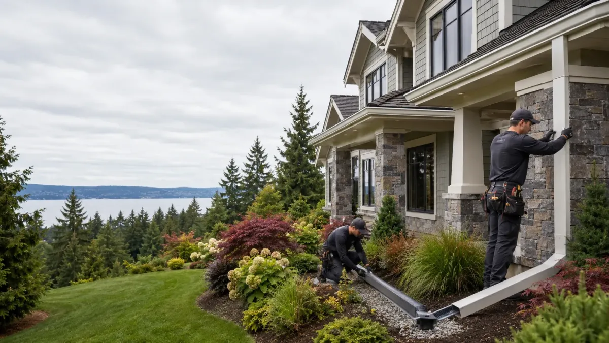 Upscale Renton home with new downspouts and underground drainage extensions directing rainwater away from the foundation.