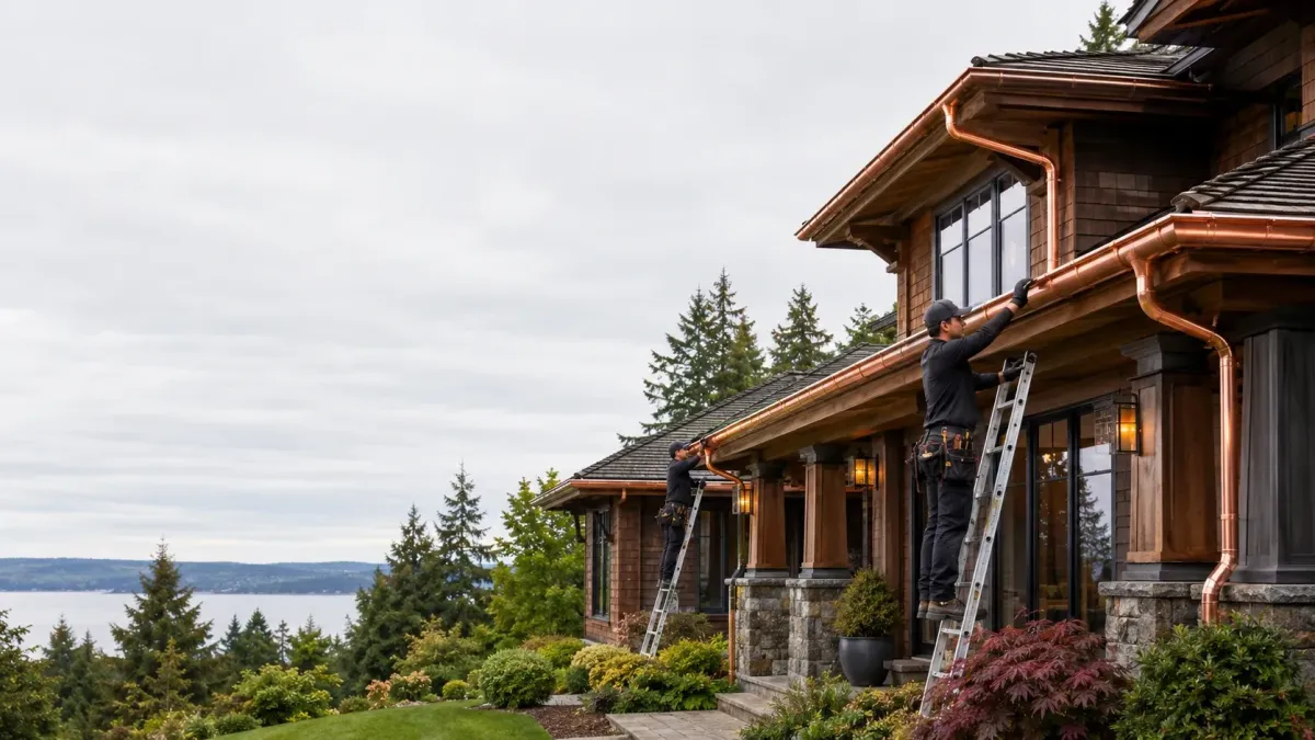 Luxury Renton estate with installers adding half-round copper gutters and matching copper downspouts to a custom cedar and stone exterior.