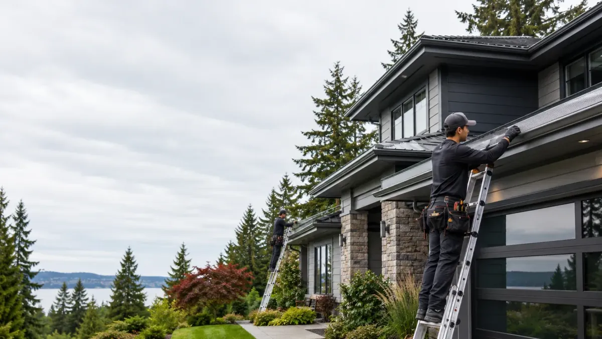 High-end Renton residence with technicians installing micro-mesh gutter guards on seamless gutters surrounded by evergreens and lush landscaping.