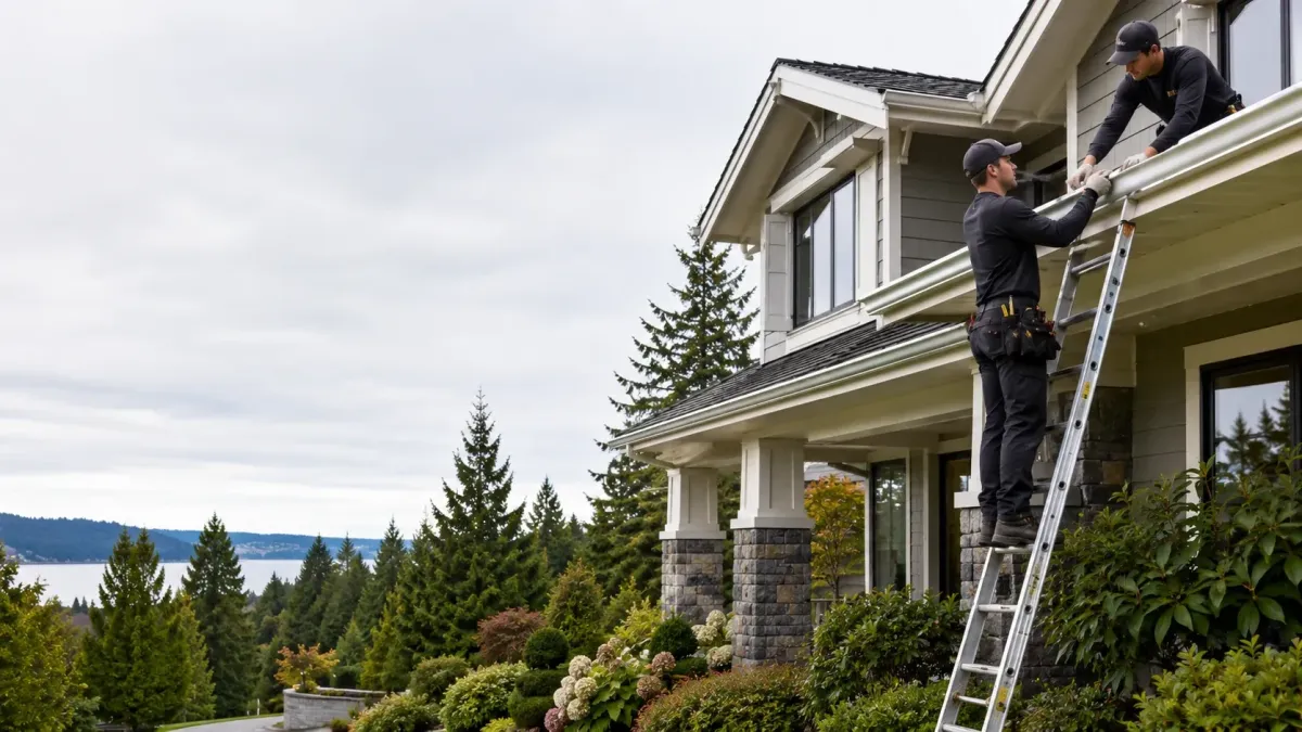 Premium Renton residence with technicians repairing and realigning seamless gutters on a clean roofline with manicured landscaping.
